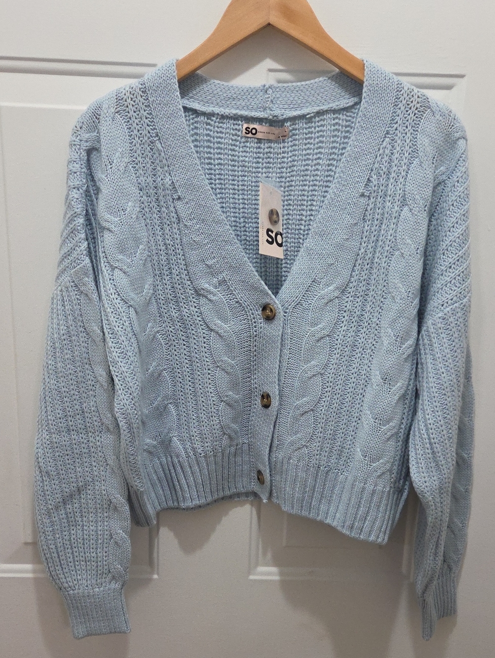 NWT SO Pale Blue Cable Knit V-Neck Button Cardigan L